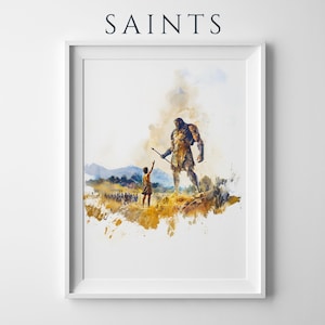 May include: A framed watercolour print titled SAINTS featuring a small figure reaching towards a large, muscular giant holding a spear in a golden, sunlit landscape with distant blue mountains and a group of people standing in the background.