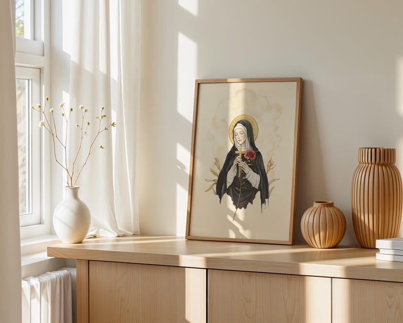 Lámina imprimible de Santa Rita de Casia / Decoración de pared católica moderna en acuarela imagen 2