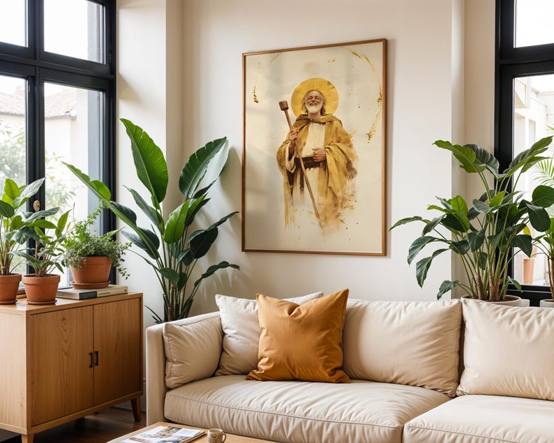 May include: A framed wall art print featuring a watercolor-style illustration of a bearded figure with a golden halo, wearing tan robes and holding a wooden staff. The artwork is displayed on a light-colored wall above a beige sofa with a mustard pillow.