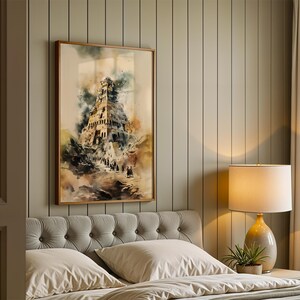 May include: A framed vertical wall art print featuring a watercolor-style illustration of a tall, multi-tiered ancient tower structure with dark, swirling clouds above and a path leading toward the base with small figures in the foreground.