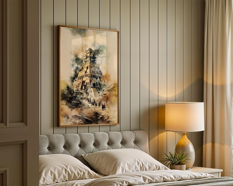 May include: A framed vertical wall art print featuring a watercolor-style illustration of a tall, multi-tiered ancient tower structure with dark, swirling clouds above and a path leading toward the base with small figures in the foreground.