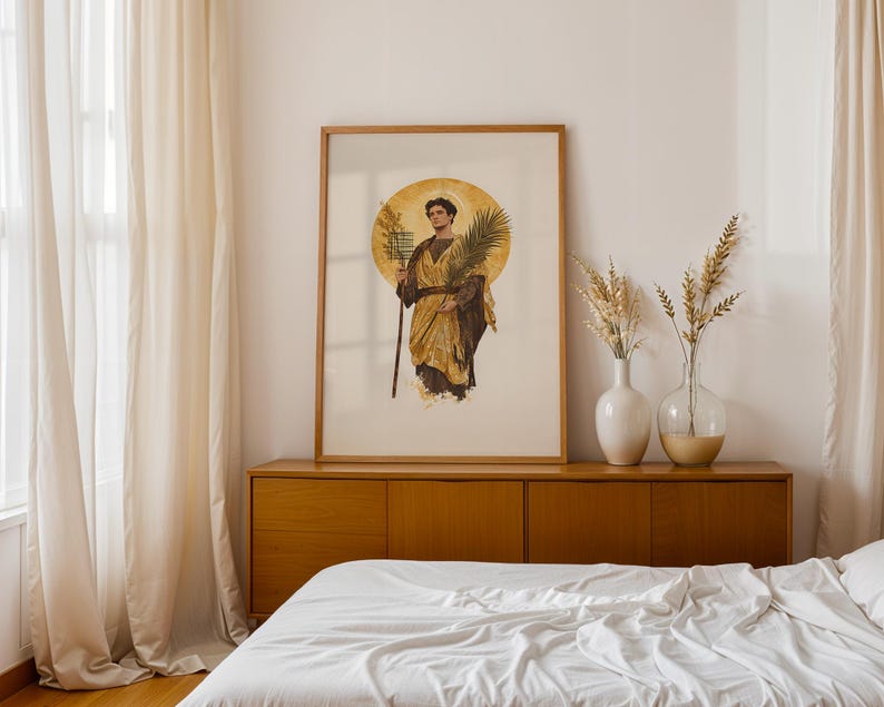 Saint Lawrence ingelijste poster | Minimalistische katholieke muurkunst | Houten lijst afbeelding 4