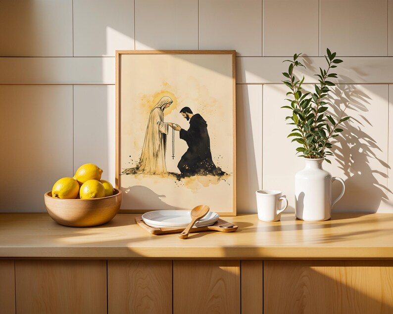 Notre-Dame remet le chapelet à saint Dominique - Illustration à imprimer | Décoration murale minimaliste catholique à l'aquarelle image 7