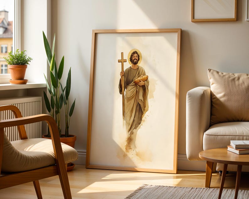 Peut inclure: Une impression d'art mural encadr&eacute;e repr&eacute;sentant une illustration &agrave; l'aquarelle d'un personnage barbu avec une aur&eacute;ole, portant des robes drap&eacute;es, tenant une croix en bois dans une main et un pain dans l'autre, sur un fond cr&egrave;me clair.