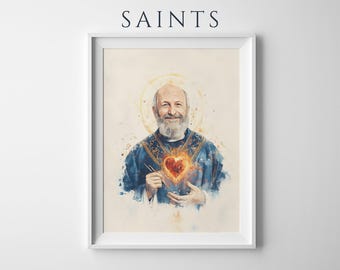 Afdrukbare kunst Sint Franciscus van Sales | Modern aquarel katholiek muurdecor