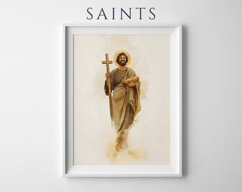 Afdrukbare kunst Heilige Filips de Apostel | Katholieke aquarel muurdecoratie