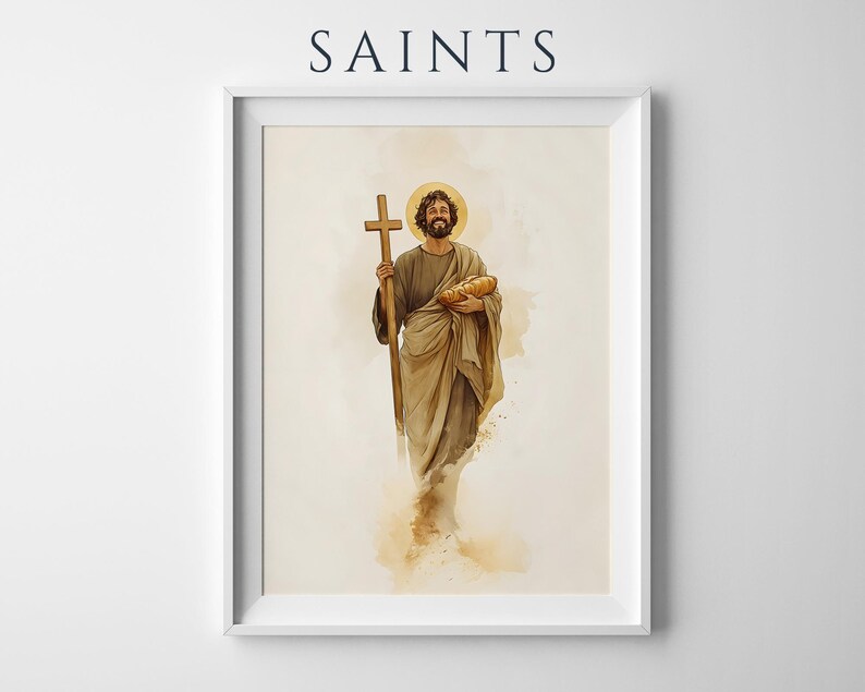 Peut inclure: Une impression d'art encadr&eacute;e intitul&eacute;e SAINTS repr&eacute;sentant une illustration &agrave; l'aquarelle d'un personnage barbu en robe beige tenant une croix en bois et un pain. Le personnage a une aur&eacute;ole dor&eacute;e sur un fond neutre et doux.