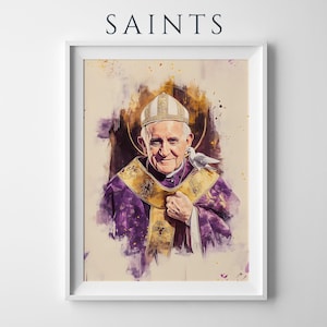 Peut inclure: Une impression d'art encadr&eacute;e intitul&eacute;e SAINTS repr&eacute;sentant un portrait &agrave; l'aquarelle du Pape Fran&ccedil;ois portant une mitre blanche et des v&ecirc;tements violets avec une &eacute;tole dor&eacute;e. Une colombe blanche repose sur l'&eacute;paule contre un halo sombre.