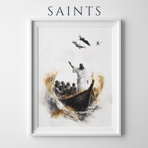 Jesus Calms the Storm Framed Poster | Modern Watercolor Catholic Wall Art image 1