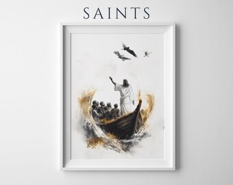 Jesus lugnar stormen inramad poster | Modern akvarell katolsk väggkonst