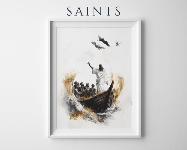 Jesus Calms the Storm Framed Poster | Modern Watercolor Catholic Wall Art image 1