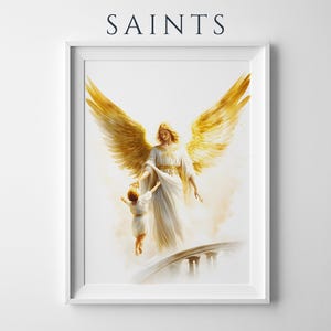 May include: A framed wall art print titled SAINTS featuring a central illustration of a golden-winged angel in a white robe holding the hand of a small child. The angel and child are positioned above a curved architectural structure in soft tones.