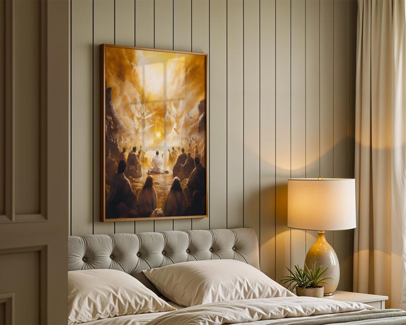 May include: A rectangular framed wall art print featuring a golden-toned illustration of a group of people gathered in a circle facing a bright, glowing light source, with ethereal winged figures appearing in the clouds above the scene.