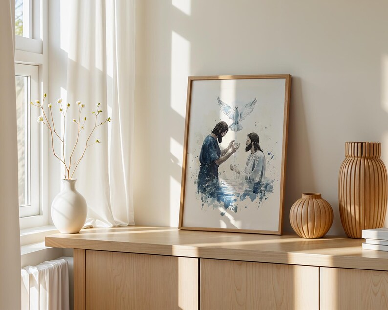 Le baptême de Jésus affiche encadrée | Art mural chrétien moderne image 2