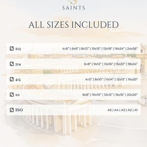 Puede incluir: Una tabla de gu&iacute;a de tama&ntilde;os para impresiones art&iacute;sticas con el logotipo Saints en la parte superior. El texto dice ALL SIZES INCLUDED seguido de las relaciones de aspecto 2:3, 3:4, 4:5, 1:1 e ISO con dimensiones imperiales en pulgadas.