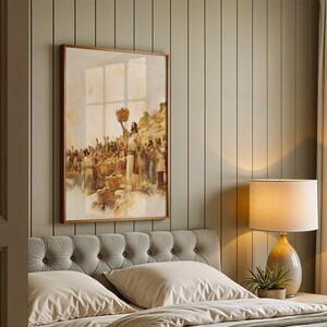 May include: A framed rectangular wall art print depicting a historical scene with a central figure holding a basket above a crowd of people. The artwork features warm, muted tones of beige, brown, and cream, displayed in a thin wooden frame.