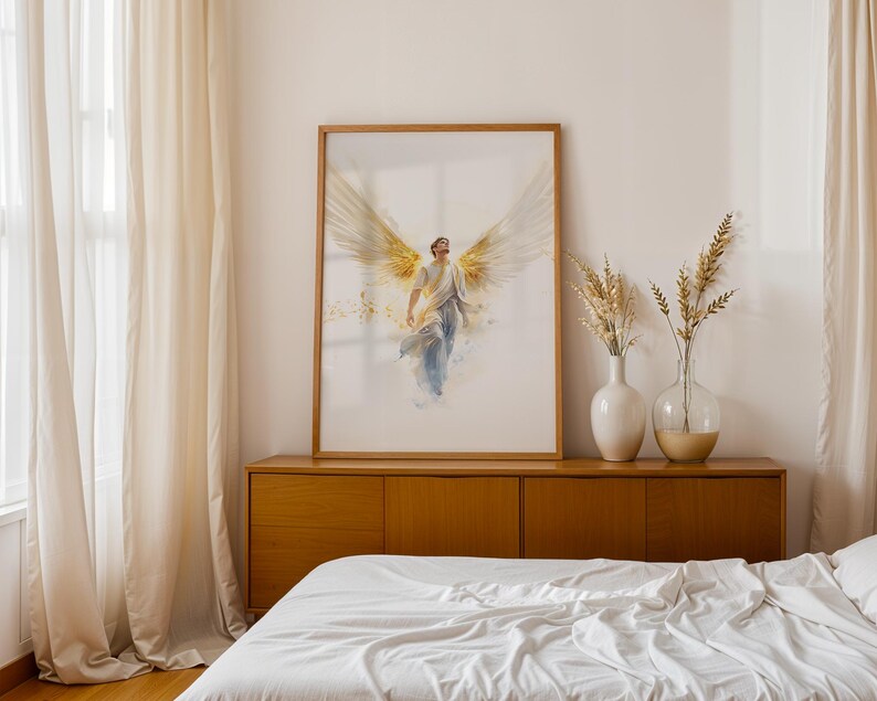 May include: A framed vertical wall art print featuring a watercolor-style illustration of a figure with large, expansive golden wings. The figure is depicted in a flowing white garment, looking upward with a sense of motion and ethereal light.
