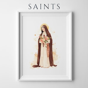 Peut inclure: Une impression d'art encadr&eacute;e intitul&eacute;e SAINTS repr&eacute;sentant une illustration &agrave; l'aquarelle d'une silhouette en habit marron et robe blanche tenant un bouquet de roses roses et jaunes avec une petite croix sur fond beige clair.
