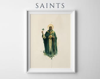 Póster enmarcado de San Patricio de Irlanda / Arte mural católico moderno / Decoración espiritual lista para colgar