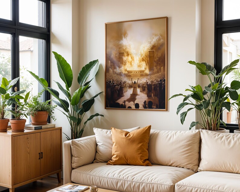 May include: A rectangular wall art print in a gold frame depicting a large crowd gathered before a glowing, golden structure with a central figure standing with arms raised. The scene features warm, ethereal light and dark, dramatic shadows.