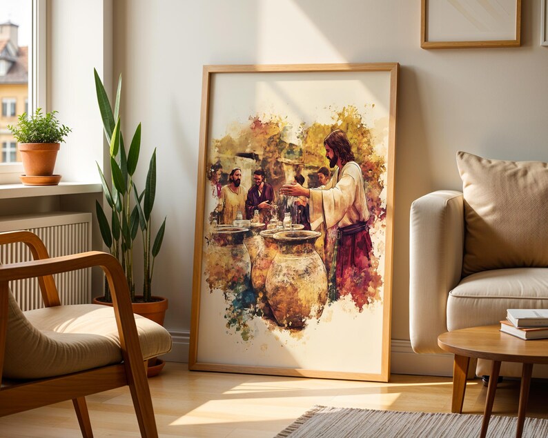 May include: A framed watercolor-style print depicting a biblical scene with a central figure in a light robe gesturing toward large clay jars, surrounded by other individuals, rendered in warm earth tones, yellows, and deep reds on a light background.