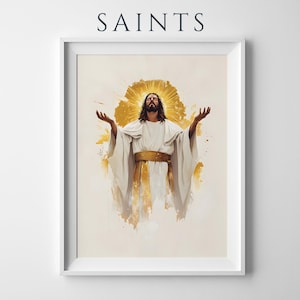 Peut inclure: Une impression d'art encadr&eacute;e avec le mot SAINTS en haut. L'&oelig;uvre repr&eacute;sente une figure aux cheveux longs et &agrave; la barbe, v&ecirc;tue d'une robe blanche avec une ceinture dor&eacute;e, les bras lev&eacute;s, et un effet de halo dor&eacute; sur un fond cr&egrave;me.