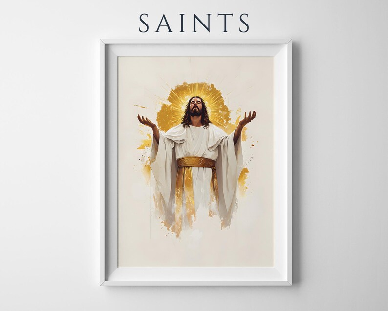 Peut inclure: Une impression d'art encadr&eacute;e avec le mot SAINTS en haut. L'&oelig;uvre repr&eacute;sente une figure aux cheveux longs et &agrave; la barbe, v&ecirc;tue d'une robe blanche avec une ceinture dor&eacute;e, les bras lev&eacute;s, et un effet de halo dor&eacute; sur un fond cr&egrave;me.