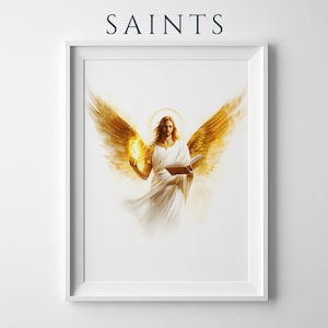May include: A framed wall art print featuring the text SAINTS at the top. The artwork depicts a figure with large golden wings, a halo, and long hair, wearing a white robe. The figure holds an open book and a glowing flame in their hands.