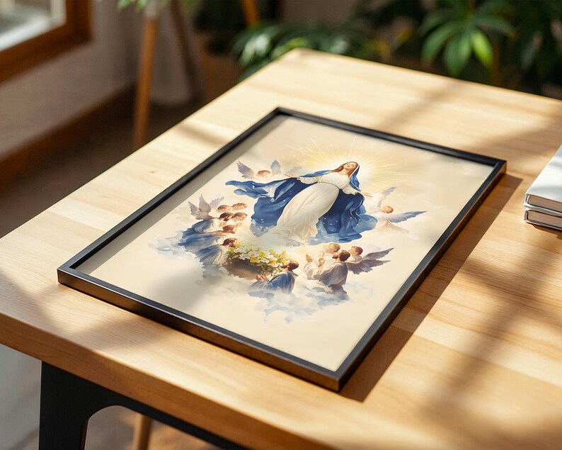 Arte para imprimir da Dormição da Virgem Maria | Decoração de parede católica em aquarela imagem 5