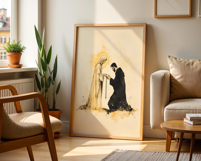 Our Lady Gives the Rosary to Saint Dominic Framed Poster | Minimalist Catholic Watercolor Wall Art image 2
