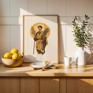 Saint Lawrence ingelijste poster | Minimalistische katholieke muurkunst | Houten lijst afbeelding 12