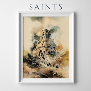 The Tower of Babel Printable Art | Modern Watercolor Catholic Wall Decor image 1
