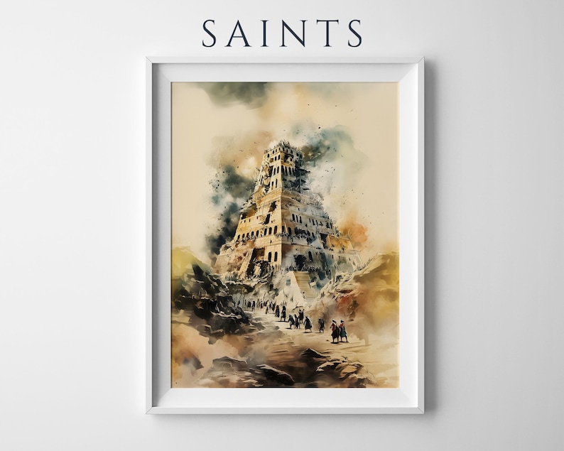 The Tower of Babel Printable Art | Modern Watercolor Catholic Wall Decor image 1