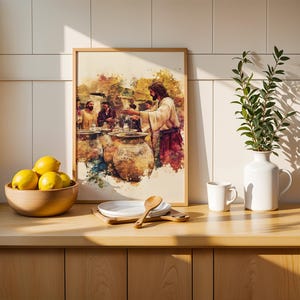 May include: A framed watercolor-style print depicting a biblical scene with figures gathered around large clay jars, set in a light-toned kitchen. The artwork features warm earth tones, including browns, yellows, and reds, capturing a narrative moment.