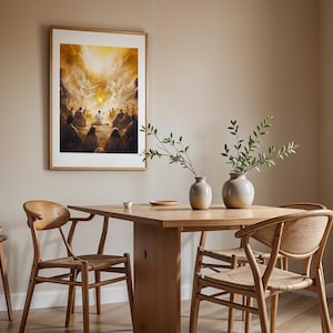 May include: A framed wall art print depicting a group of people gathered before a glowing golden light with winged figures, displayed above a wooden dining table with two ceramic vases, four wooden chairs, and a small wooden stool.