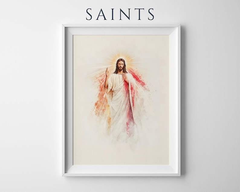 May include: A framed wall art print featuring the word SAINTS at the top. The artwork depicts a figure with long brown hair and a beard, wearing white robes, with red and gold watercolor-style light rays emanating from behind the figure.