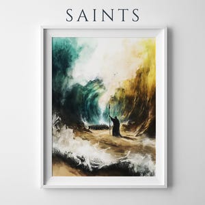 May include: A framed wall art print titled SAINTS featuring a watercolor-style illustration of a figure holding a staff amidst parting ocean waves. The scene displays deep teal and golden yellow tones with crashing white sea foam and a sandy path.