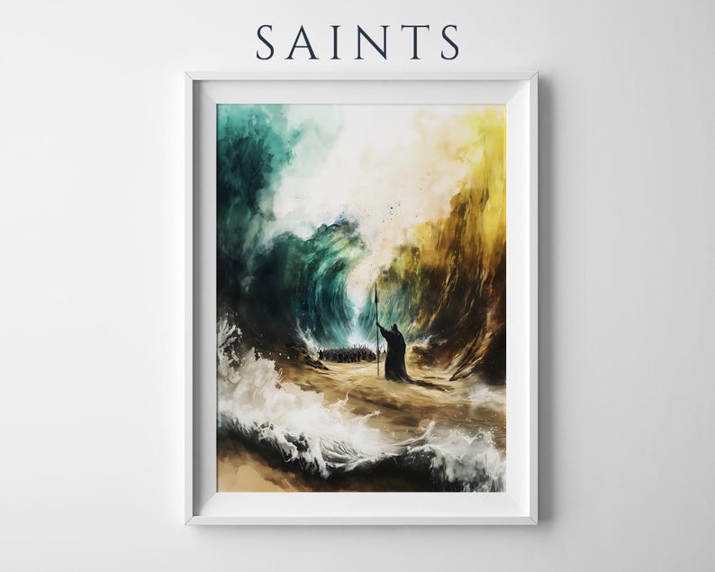 May include: A framed wall art print titled SAINTS featuring a watercolor-style illustration of a figure holding a staff amidst parting ocean waves. The scene displays deep teal and golden yellow tones with crashing white sea foam and a sandy path.
