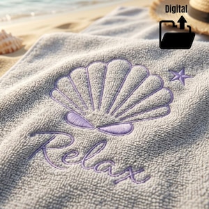 Seashell Relax embroidery design, beach wellness embroidery motif, machine embroidery file, digital download PES DST