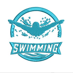 May include: A teal embroidered design featuring a swimmer in motion, surrounded by a circular frame. The word "SWIMMING" is displayed in a banner below the swimmer. The design is suitable for apparel or accessories.