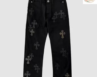 Black Cross Patch Jeans, Streetwear Denim Pants, Gothic Style Jeans