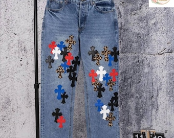 Multicolor Patch Blue Denim Cross  Jeans, Streetwear Pants, Gothic Style Jeans,