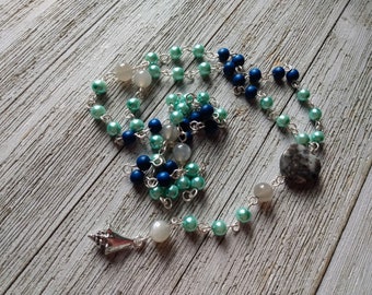 Sea Witch Rosary with Gray Amazonite Heart, Gray Moonstone, Silver Conch Shell, Aqua Glass Pearls, & Navy Blue Painted Wood Beads, oceancore