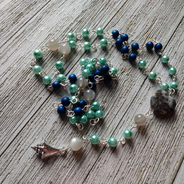 Sea Witch Rosary with Gray Amazonite Heart, Gray Moonstone, Silver Conch Shell, Aqua Glass Pearls, & Navy Blue Painted Wood Beads, oceancore