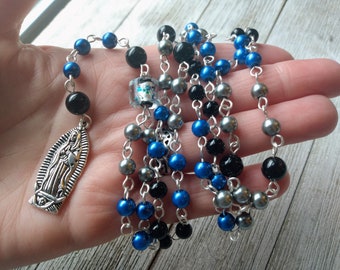 Guadalupe Rosary with Silver Leaf Bead Connector, Obsidian Accents, and Black, Silver & Cobalt Blue Glass Pearls, Marian Rosary