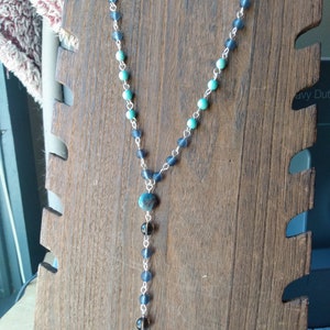 Wolf Spirit Rosary with Howling Wolf Pendant, Dark Blue Sea Glass-Style & Aqua Wood Beads, Blue Sky Jasper Connect, and Smoky Quartz Accents Bild 5