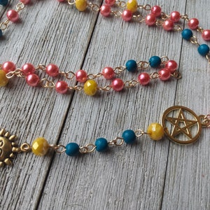 Helios Rosary with Golden Sun, Pentacle, Coral Glass Pearls, Teal Painted Wood Beads, & Yellow Crystal Accents, Hellenic Sun God image 6