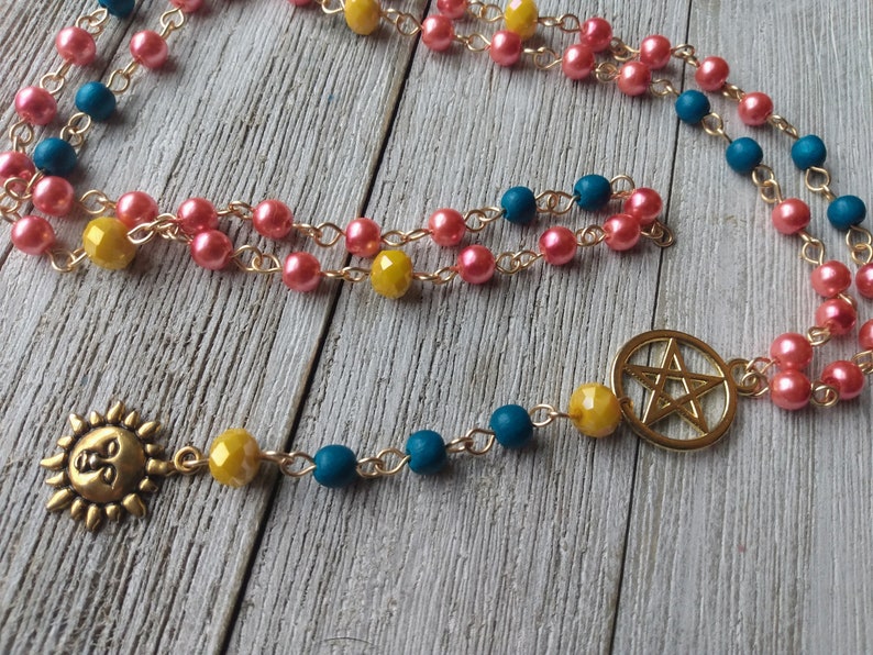 Helios Rosary with Golden Sun, Pentacle, Coral Glass Pearls, Teal Painted Wood Beads, & Yellow Crystal Accents, Hellenic Sun God image 6