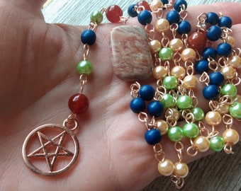 Wiccan Rosary with Rose Gold Pentacle, Pink Porcelain Jasper, Peach and Silver Green Glass Pearls, Navy Painted Wood Beads, & Carnelian