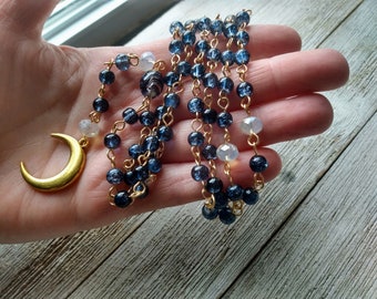 Midnight Lunar Rosary with Gold Crescent Moon, Lampwork Glass Connector, Indigo Crackle Glass Beads, & Faceted Opalite Crystal Connectors